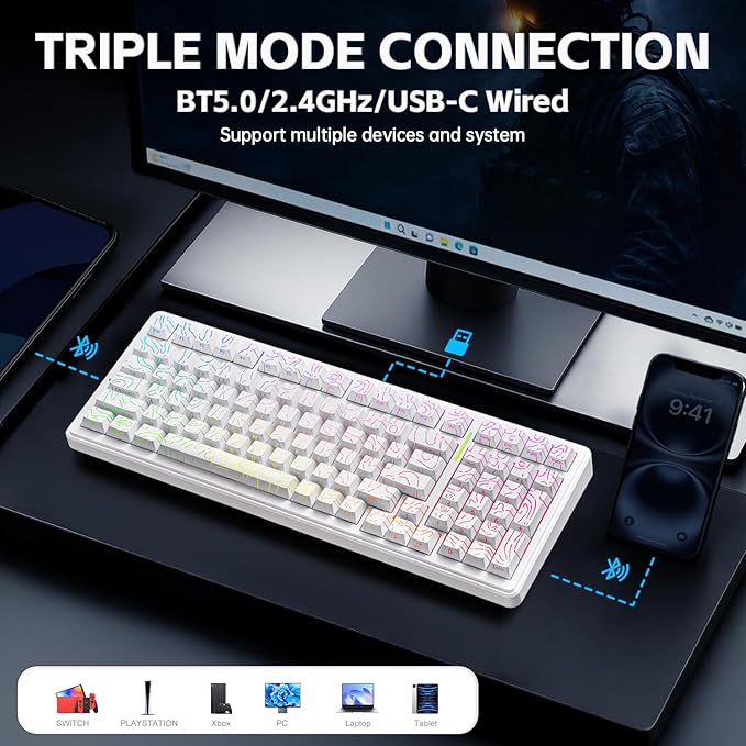 LEOBOG Aula Keyboard, F99 Wireless Mechanical Gaming Keyboards, Hot Swappable Custom Creamy RGB Backlit Computer Keyboard,BT5.0/2.4GHz/USB-C,Topographic Side-Printed Keycaps, Switch