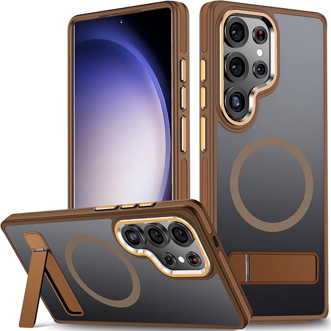MALEWOLF Magnetic Case for Samsung Galaxy S25 Ultra, Compatible with Magsafe, [Invisible & Adjustable Stand] for Translucent Cover, Anti-Slip Shockproof Slim Phone Case for Galaxy S25 Ultra (Brown)