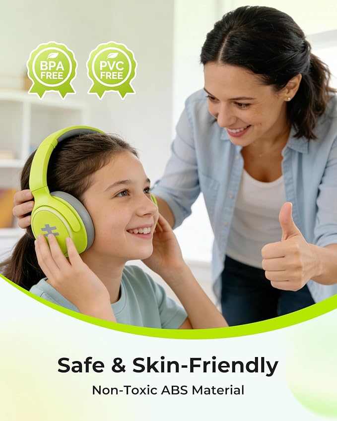 seenda Active Noise Cancelling Headphones for Kids, HEO-303 Bluetooth 5.4 60H Playtime Type C Fast Charging, 74/85/94 dB Safe Volume Limit Headset with Mic for Ipad, Airplane, Travel, Green