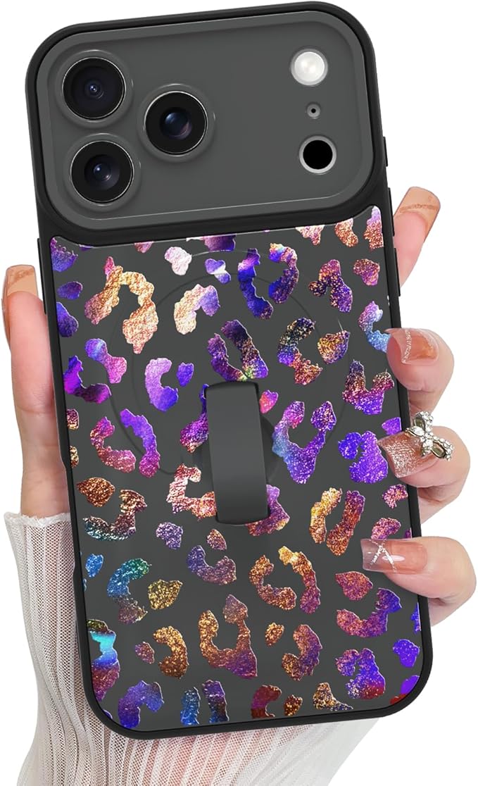 KANGHAR Compatible with iPhone 17 Pro Max Case, Support for MagSafe, Silicone Cute Iridescent Leopard Cheetah Pattern, Wristband Kickstand Shockproof Protective Slim Cover for Women Girls, Black