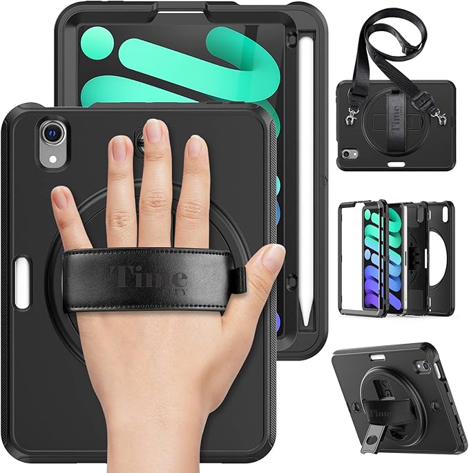 Timecity Case for iPad mini 7 (A17 Pro) 2024/ Mini 6 8.3'' - Heavy Duty Protective Cover with Screen Protector, Rotating Stand, Shoulder Strap & Pencil Holder, Case for iPad mini 7th/6th Gen Black