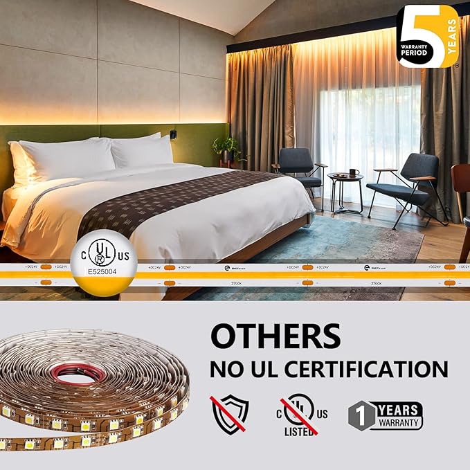 EMITEVER COB LED Strip Lights Warm White, 2700K Tape Light Premium High Density, DC 24V, 305+Lumens/ft, 1200LEDs/Spool, Ra 90+, 8.2ft, 3W/ft, UL Listed 5 Year Warranty (Power Supply Sold Separately)