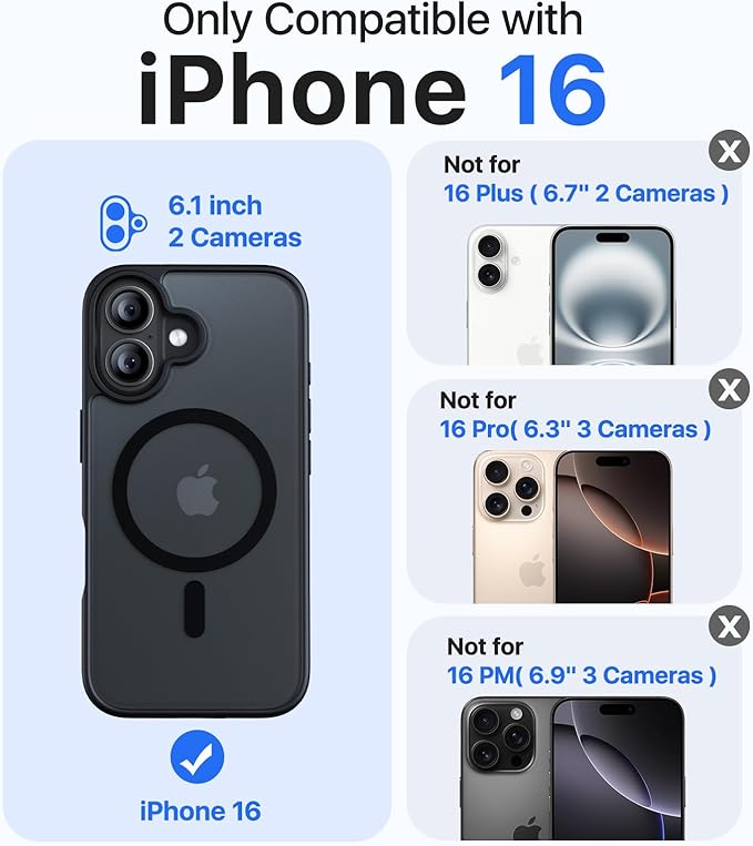Magnetic for iPhone 16 Case, [Compatible with MagSafe][Military-Grade Drop Protection][Anti-Yellowing] Shockproof Protective Translucent Matte Cover for iPhone 16 Phone Case,Black