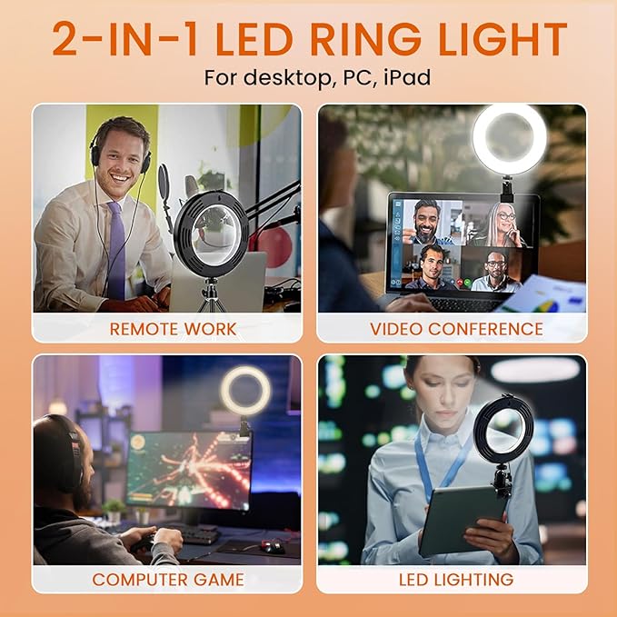 2 in 1 LED 6" Ring Light with Tripod Stand & Clamp for YouTube Video and Makeup, Mini LED Camera Light with Cell Phone Holder Desktop Lamp with 3 Light Modes & 11 Brightness Level