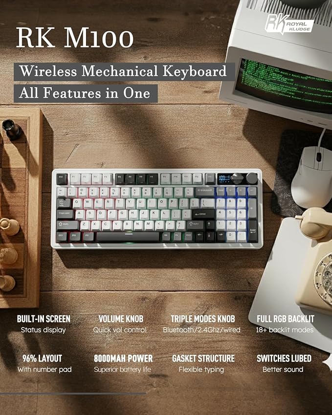 RK ROYAL KLUDGE M100 Wireless Mechanical Keyboard w/Screen & Dual Knobs, Tri-Mode Gasket Mount Gaming Keyboard with Number Pad, Hot Swappable Cream Switch, White