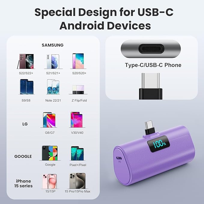 [2-Pack]Small Portable Charger 5200mAh, Upgraded PD USB C Power Bank Built-in USB-C Connector,LCD Display Battery Pack Compatible with iPhone 15/15 Plus/15 Pro/15 Pro Max/Samsung Android(Black+Purple)