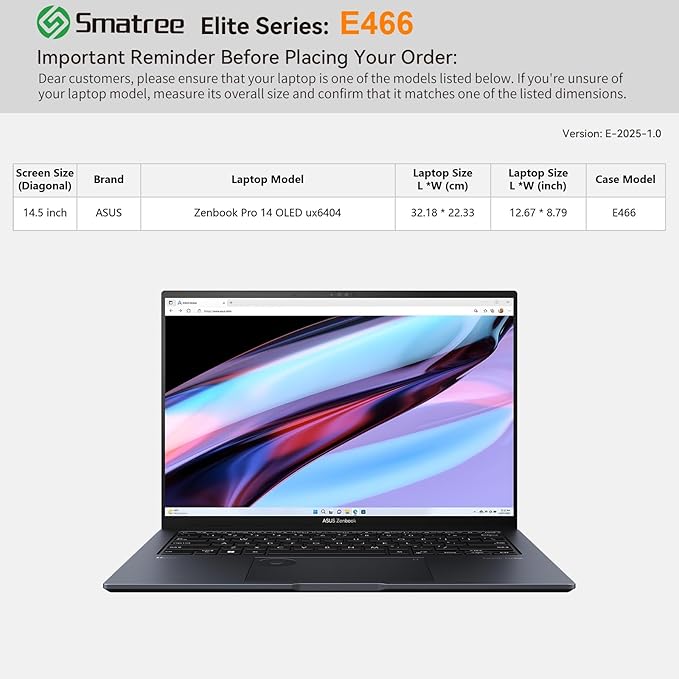 Smatree Laptop Sleeve for 14.5 inch ASUS Zenbook Pro 14 OLED UX6404, Case with Accessory Pocket, YKK Zipper, Patented Super-Corner Design (E466)