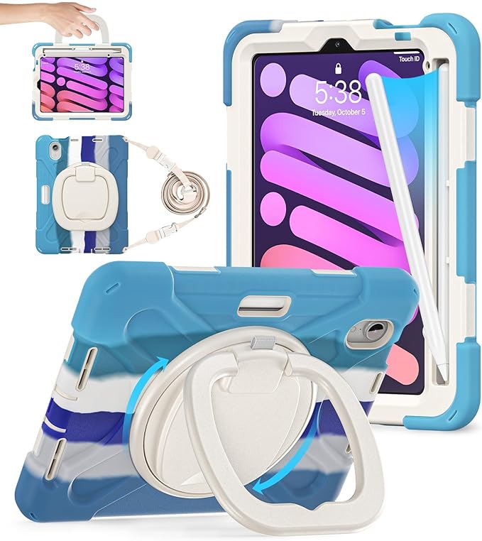 BATYUE Case for iPad Mini 7 A17 Pro 2024/iPad Mini 6 2021 8.3 Inch with Pencil Holder, 360 Rotating Stand, Shoulder Strap, Handle Grip, Shockproof Rugged Case for iPad Mini 7th/6th Gen, Colourful Blue