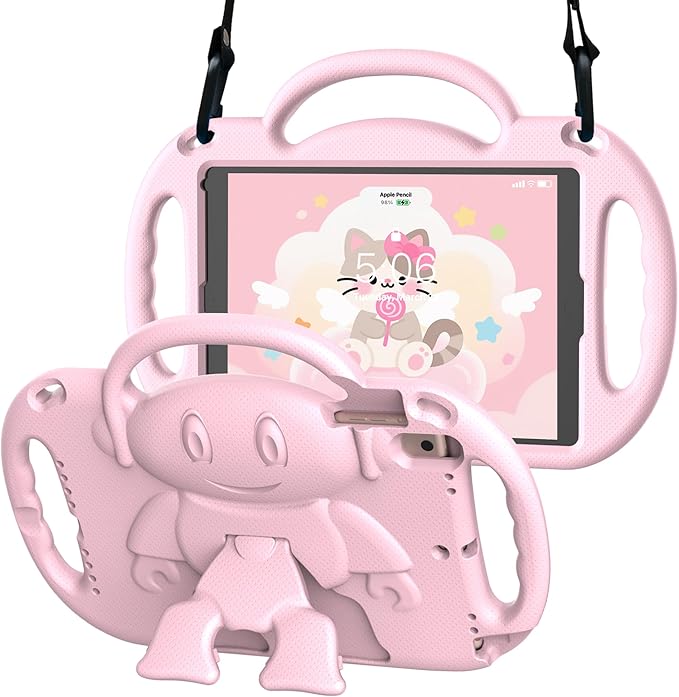 Kids Case for iPad 5th/6th Generation (9.7 inch, 2017/2018) & iPad Air 1/2 9.7" & Pro 9.7, Durable Shockproof Lightweight Kids Cover with Shoulder Strap/Handle/Kickstand, Light Pink