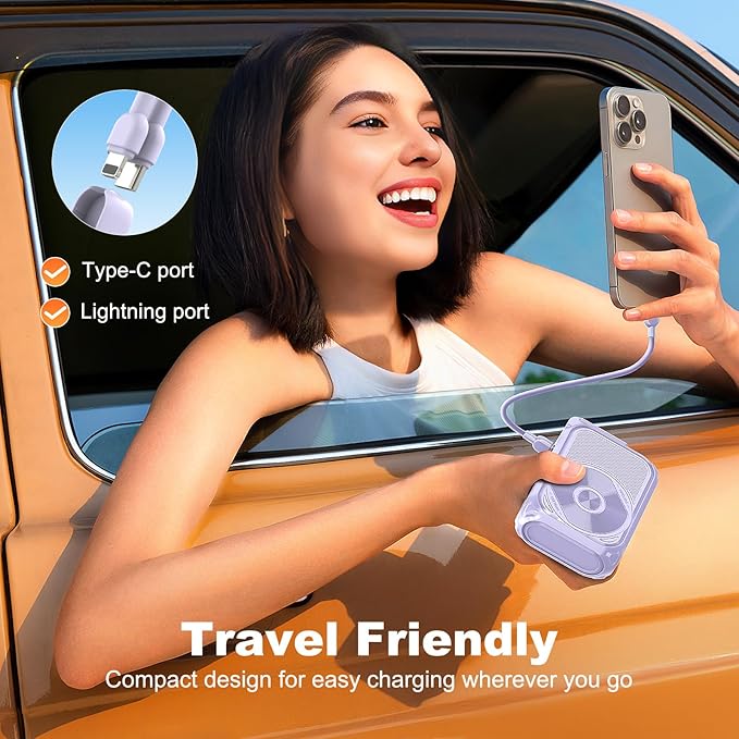SEANCHEER P05 Portable Charger, Magnetic Power Bank, Small PowerBank, Battery Pack10000mAh Travel Essentials Fast Charging with Built in Cable, Foldable Wall Plug for iPhone,Samsung,Andriod (Purple)