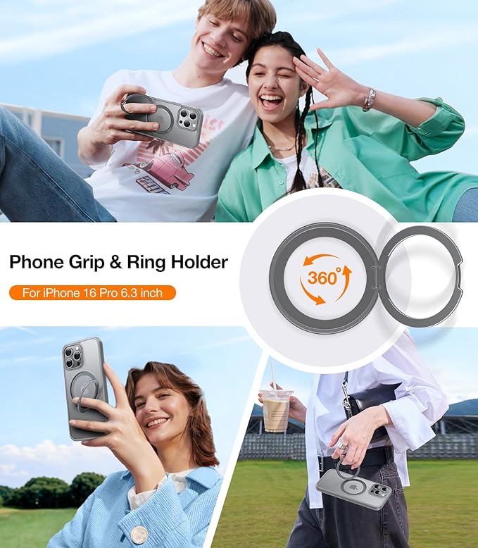 TORRAS 360 Rotatable Magnetic Ring Only for iPhone 16 Pro Max Case, Fit for MagSafe with Stand Ring Holder, 16FT Mil-Grade Shockproof Translucent for iPhone 16 Pro Max PC&TPU Case Ostand, Grey
