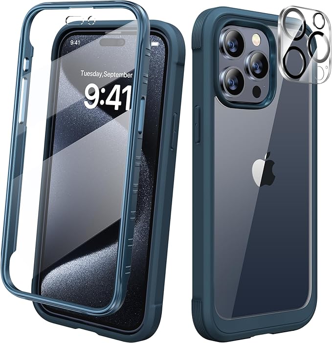 Diaclara Designed for iPhone 15 Pro Case, [Military-Grade Drop Proof] Full-Body Bump Case with Built-in Shockproof Screen Protector, [Camera Lens Protector] Cover for iPhone 15 Pro 6.1"(Deep Blue)