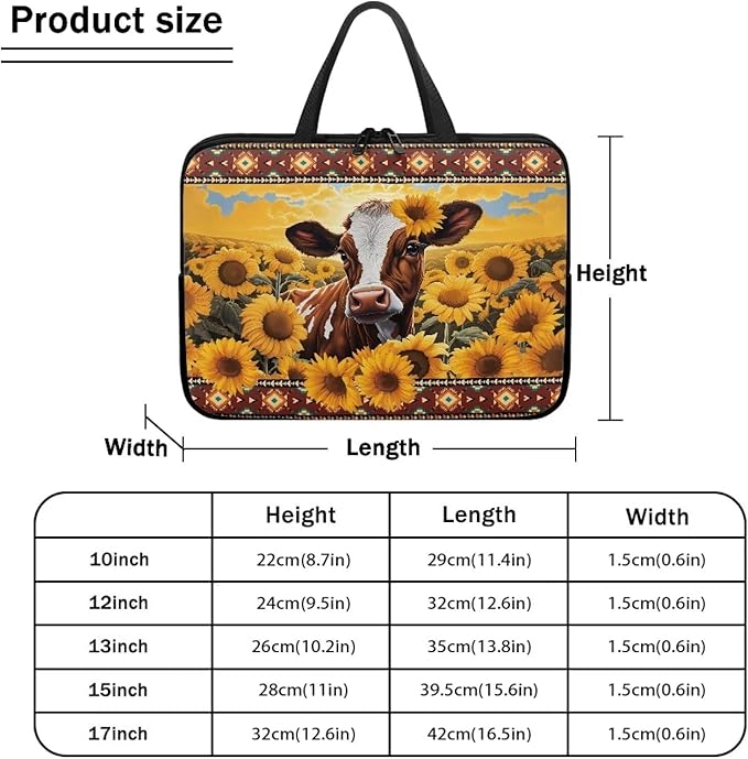 15 Inch Laptop Sleeve, Laptop Cover Computer Bag Tablet Carrying Case with Handle, Tribal Sunflower Cow Water-Repellent Tote Bags Notebook Sleeves Handbag Messenger Briefcase
