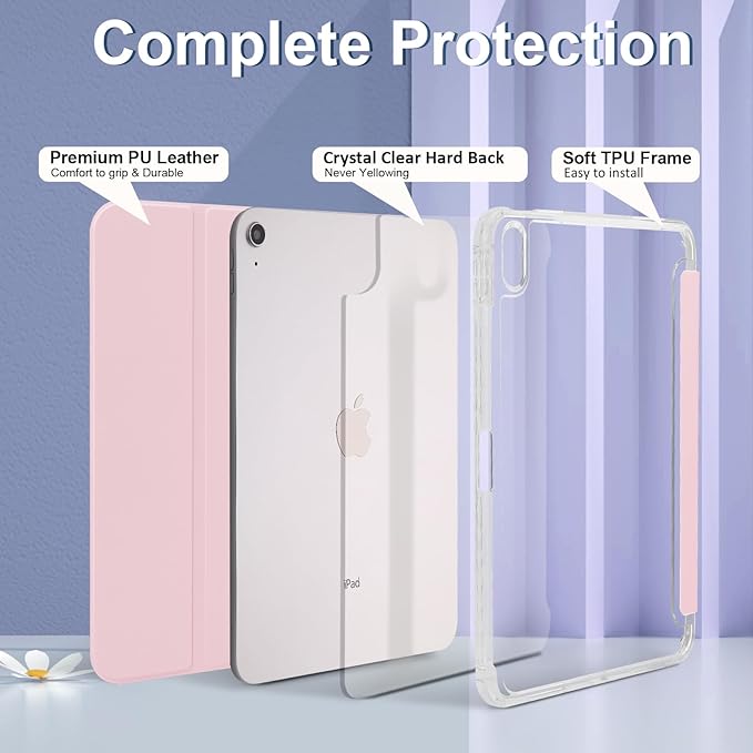 Case for iPad A16 11th Generation 11 Inch 2025, iPad 10th Generation 10.9 Inch 2022, Hybrid Protective Cover with Pencil Holder, Clear Transparent Back Shell Anti-Yellowing Case, Pink