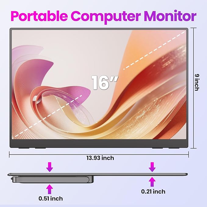 Upperizon Portable Monitor 16 inch 2K QHD 2560X1600 145% sRGB 144 Hz HDR HDMI USB-C Travel Monitor for Laptop MacBook PC Surface PS5 Xbox, External Display with Kickstand & Speakers, VESA Compatible