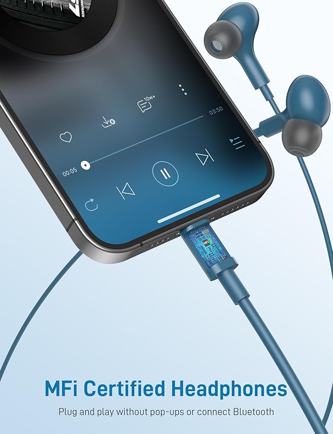 iMangoo for Apple MFi-Certified Headphones for Lightning Wired Earbuds Magnetic Ear Buds with HiFi Bass,3 Ear Tips Mic Corded Earphones for Gym, Commuting for iPhone 14 Plus 13 12 11 Pro Max Lake Blue