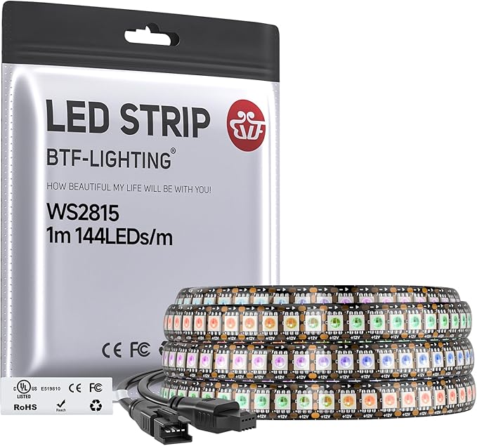BTF-LIGHTING WS2815 (Upgraded WS2812B) LED Strip Light,UL Listed,3.2FT 144 LED/Pixels,Flexible Chasing RGB,Dual Signal Individually Addressable,5050SMD,3M Tape,DC12V IP65(No Adapter or Controller)