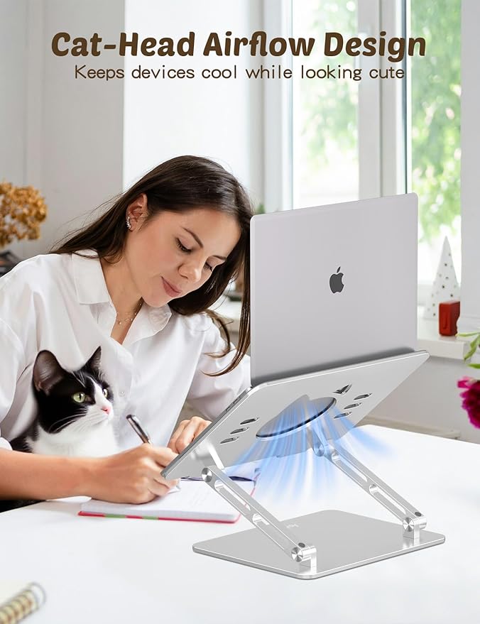 Aoviho Laptop Stand for Desk – Adjustable Aluminum Laptop Riser with Unique Cat-Shaped Cooling Vent, Portable Desk Gift & Decor, Compatible with MacBook Air Pro, Dell, HP, Lenovo (10"-17.3"), Silver