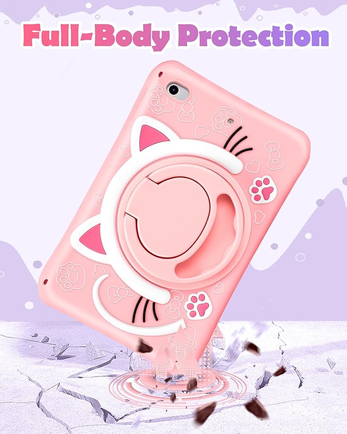 Wazzasoft for iPad mini 4/5 Case 7.9 Inch Girls Cute Cat Kawaii Cover Girly 3D Cartoon Women Kitten with Rotating Handle Stand & Strap Soft Silicone Funda for Apple iPad mini 5th/4th Gen Cases