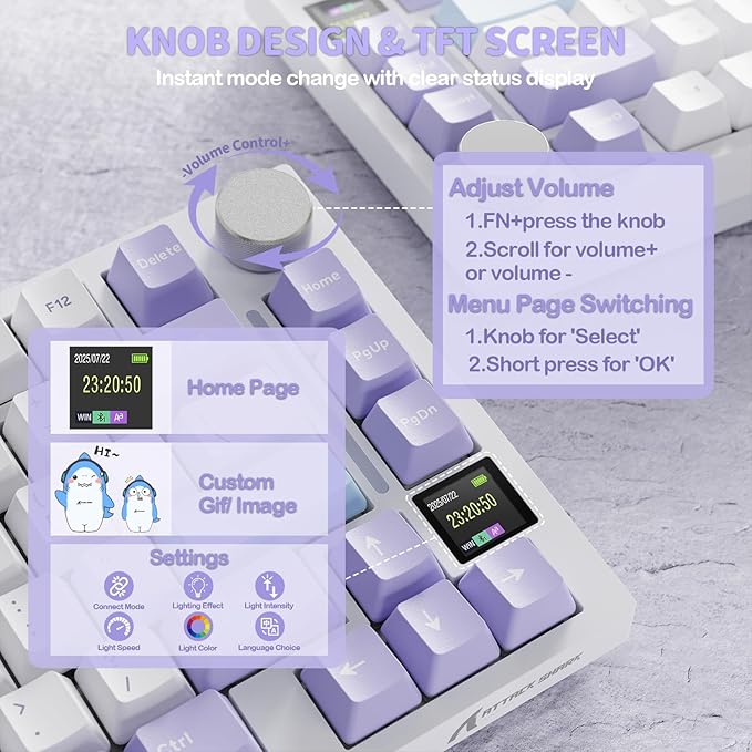 ATTACK SHARK X820 Ultra 75% Wireless Gaming Mechanical Keyboard Hot-Swappable Gasket Mount RGB Backlit BT/2.4G/Wired Custom Keyboard with Smart TFT Display&Knob QMK Driver-Starlight White&Gift Switch