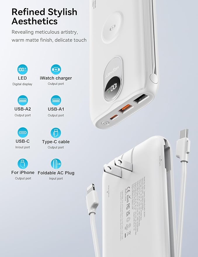 Portable Charger, 10000mAh 22.5W Power Bank Fast Charging with Wall Plug, Built-in Cables, LED Display, Compact Lightweight USB C Travel Battery Pack for iPhone 17/16, Android Cell Phone, Pad, iWatch