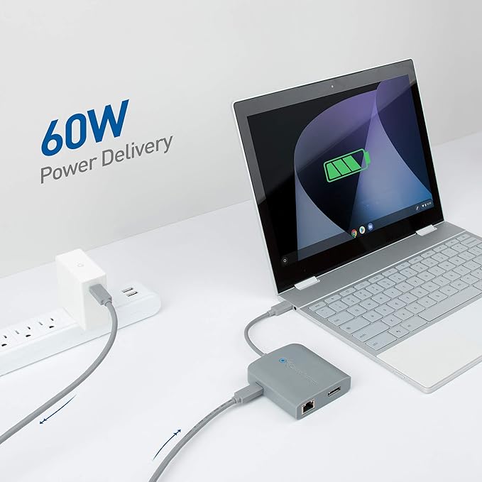 Cable Matters USB C Hub DisplayPort, 4K@60Hz (USBC DisplayPort Hub), 100Mbps Ethernet, 2X USB, 60W Host Charging in Gray - Thunderbolt 4 / Thunderbolt 3 Port Compatible for MacBook Pro