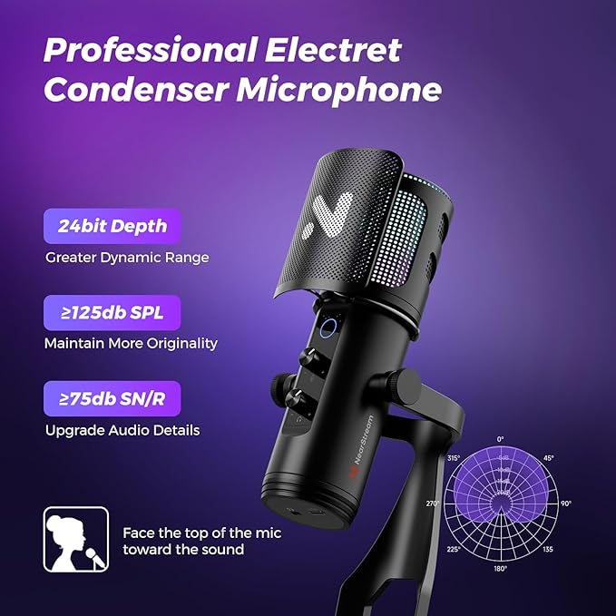 NearStream USB Gaming Microphone for PC with Noise Canceling/RGB Light/Quick Mute/Gain/Headphones Jack/Pop Filter, Desktop Condenser Microphone for Stream/Record/Podcast/PS5/PS4/Twitch/YouTube (AM35U)