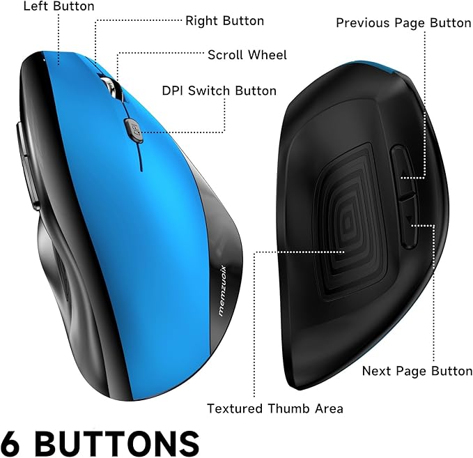 memzuoix Ergonomic Mouse Wireless,2.4G Optical Cordless Mice with 800/1200/1600 DPI,Vertical Computer Wireless Mouse for Laptop, Mac,PC,Desktop (for Right Hand, Large),Blue