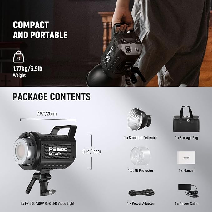 NEEWER 130W RGB LED Video Light APP/2.4G Control 17 Effects, 2500-7500K 19800lux/1m COB Continuous Lighting Output with CRI97/TLCI98 4 Dimming Curves, Bowens Mount Spotlight for Studio Shoots, FS150C