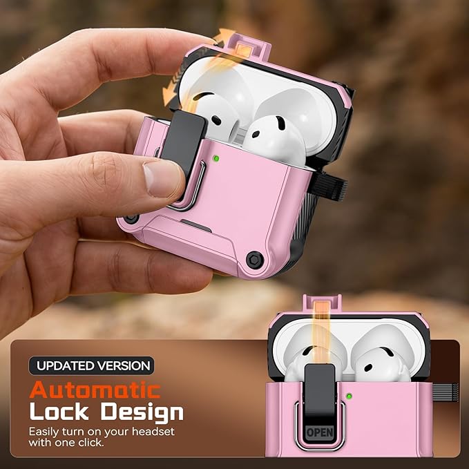 Inesore Compatible with AirPods 4 Generation Case,Secure Lock & Phone Stand Design,Compatible with MagSafe,Automatic Snap Switch Secure Cover for New AirPods 4th (2024)-Pink
