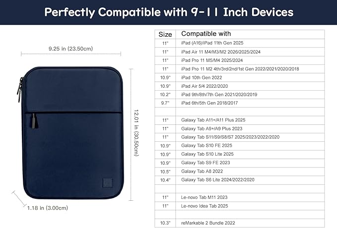Dadanism 9-11 Inch Tablet Sleeve Padded Carrying Case for iPad (A16) 11th Gen 11", iPad 10th Gen 10.9", iPad Air M4/Pro M5 11", iPad Air 5/4, iPad 9/8/7th Gen, Galaxy Tab A11+ Plus 11", Indigo