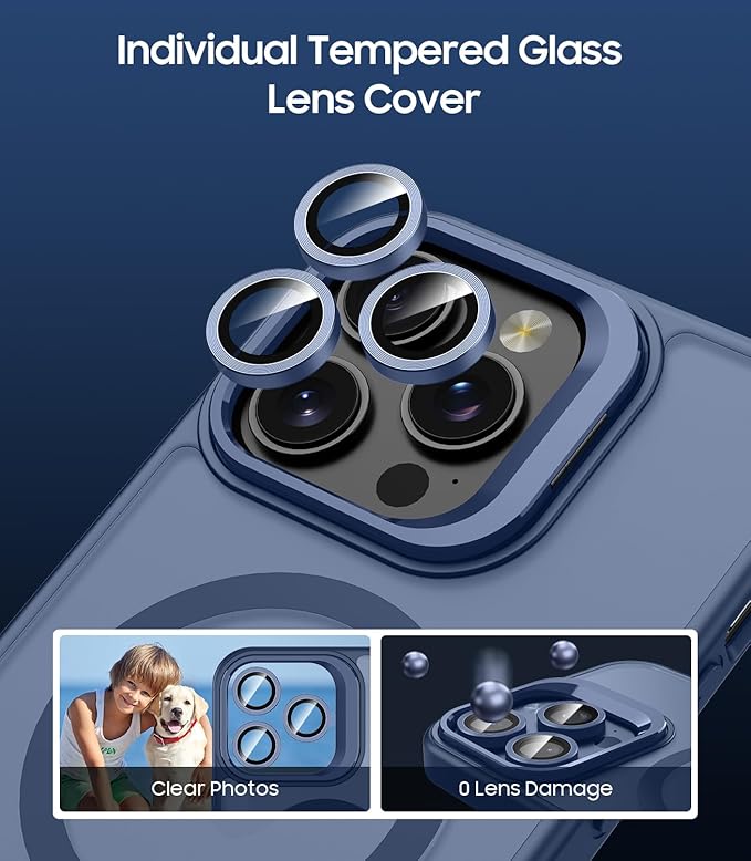 TOBOVON for iPhone 14 Pro Case, Compatible with MagSafe, Built-in Camera Ring Stand, with Individual Camera Cover, Translucent Matte Military-Grade Drop Protection Magnetic Case, Blue
