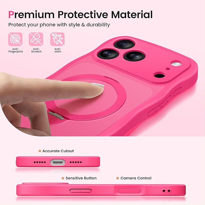 CAPRARO for iPhone 17 Pro Max Case with 360° Spin Magnetic Stand for Women, [Compatible with MagSafe] [Full Camera Protection] Cute Wave Translucent Matte Case for iPhone 17 Pro Max,Hot Pink