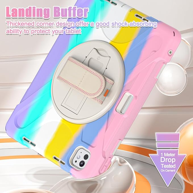 Batianda Case for New iPad Pro 11-inch 2025 M5 2024 M4 Chip Heavy Duty Rugged Durability Silicone Tablet Cover with 360° Rotating Hand Strap Foldable Hidden Stand & Shoulder Strap, Colorful Pink