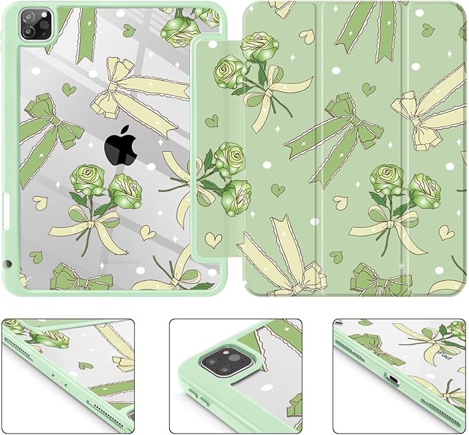 Tuiklol for iPad Pro 11 Inch 4th / 3rd / 2nd / 1st Gen (2022 2021 2020 2018) Case -Built-in Pencil Holder Shockproof Cover Clear Transparent Back Shell with Auto Wake/Sleep, Bow & Rose Green