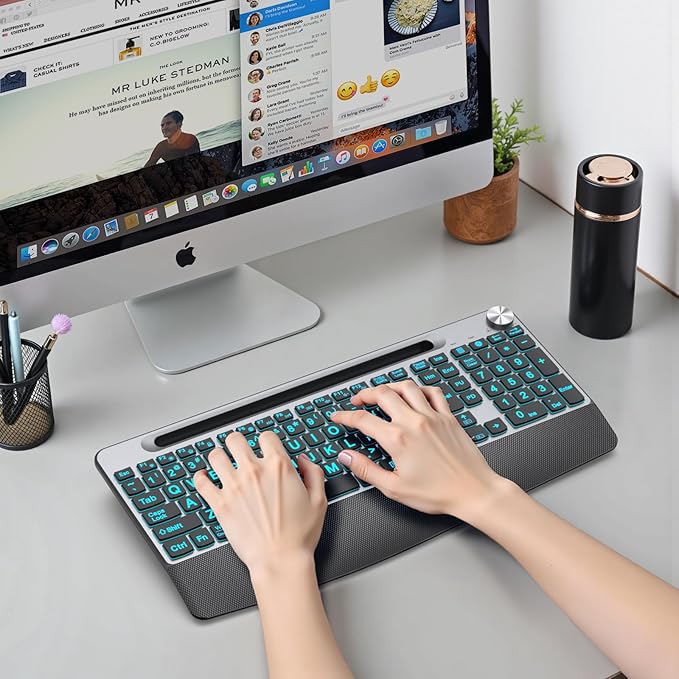GAMCATZ Large Print Backlit Wireless Keyboard with Wrist Rest-Low-Profile,Phone/Tablet Holder,Rechargeable with Light Up Keyboard,Ergonomic Quiet Computer Keyboard for Desktop,Laptop, PC, Mac-Grey