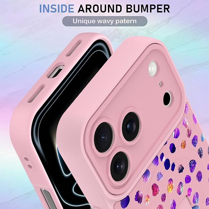 KANGHAR Compatible with iPhone 17 Pro Case, Support for MagSafe, Silicone Cute Iridescent Pattern Leopard Print Cheetah, Wristband Kickstand Shockproof Soft Slim Cover for Girls Women, Pink