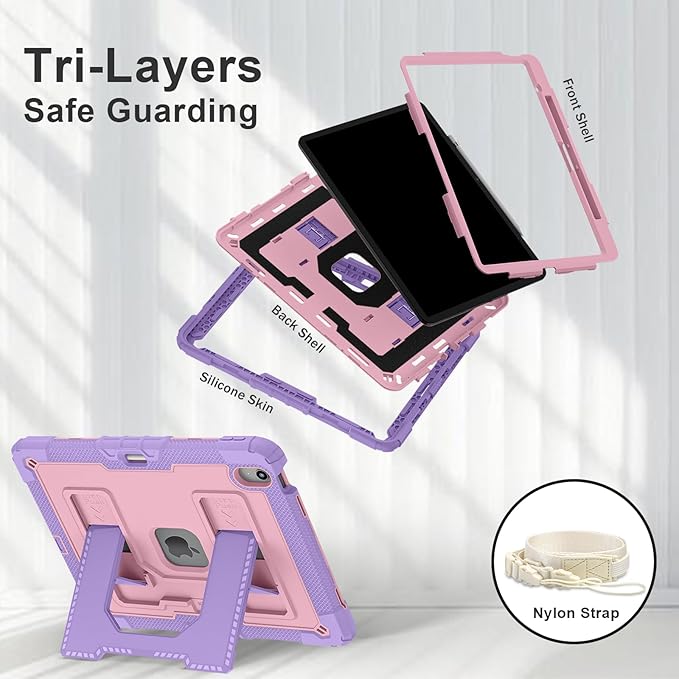 Kids Friendly Case for iPad Air 13 Inch M4 M3 M2 2026/2025/2024 Case with Pencil Holder & Shoulder Strap, Military Grade Shockproof Kickstand Hard Shell Protective Cover,Pink+Purple