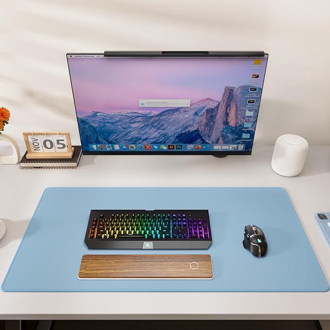 KTRIO Large Gaming Mouse Pad Desk Mat, Superior Micro-Weave Cloth, Non-Slip Rubber Base, Stitched Edges, Water-Resistant, for Gamer, Office & Home, 31.5 x 15.7 Inch，Ice Blue