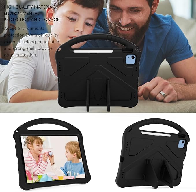 Kids Case for iPad A16 11th/10th Generation 2022/2025 11-Inch iPad Cover with Pencil Holder, Techcircle Lightweight Shockproof EVA Foam Rugged Handle Stand Anti-Slip Grip Protective Case, Black