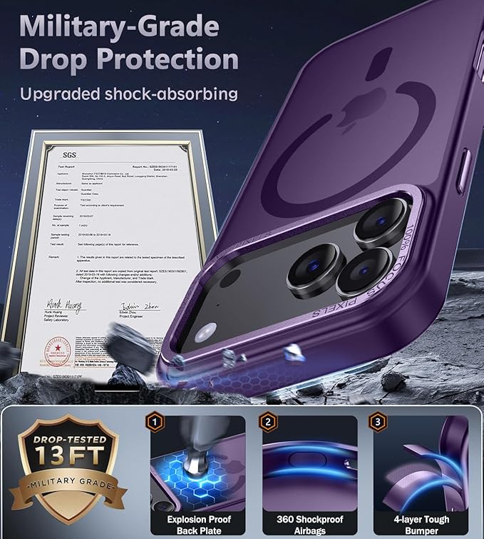Newfuture Magnetic for iPhone 17 Pro Max Case [Compatible with Magsafe] [Military Grade Drop Protection] Translucent Matte Anti-Scratch Shockproof Protective Phone Cover 6.9 Inch, Deep Purple