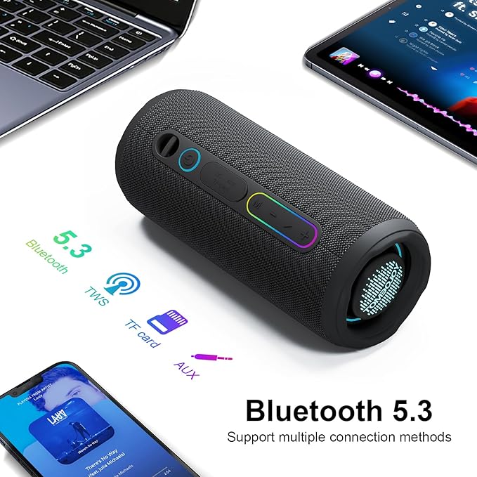 Portable Bluetooth Speaker, 24W Loud Deep Bass, IPX7 Waterproof, TWS Pairing, 12H Playtime, RGB Lights, Outdoor Bluetooth Speakers for Camping, Biking, Party (Black)