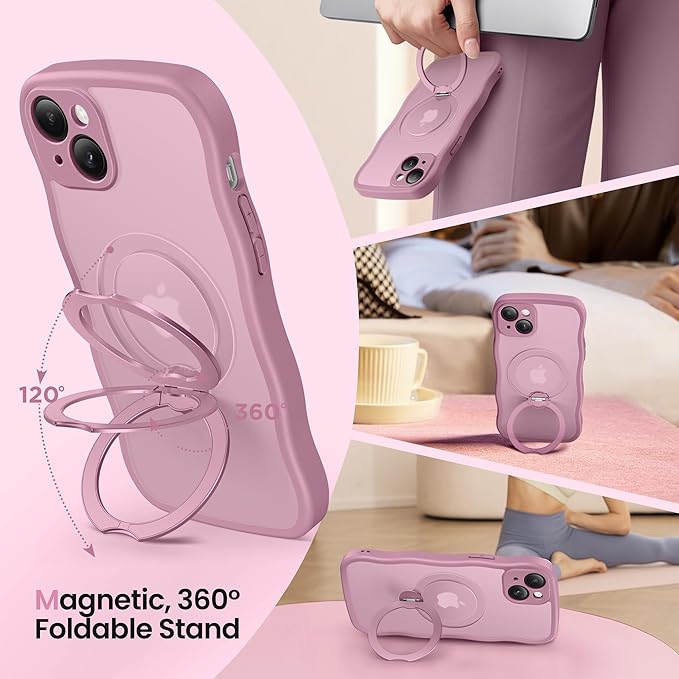 CAPRARO for iPhone 15 Plus Case with 360° Spin Magnetic Stand for Women, [Compatible with MagSafe] [Full Camera Protection] Cute Wave Translucent Matte Case for iPhone 15 Plus, Black Currant