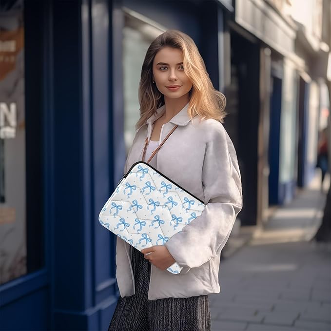 Laptop Case Sleeve, Blue Ribbon Bow Dots Pattern Shockproof Protective Computer Carrying Cover, Briefcase Handbags 13-13.3inch Laptop Sleeve Bag