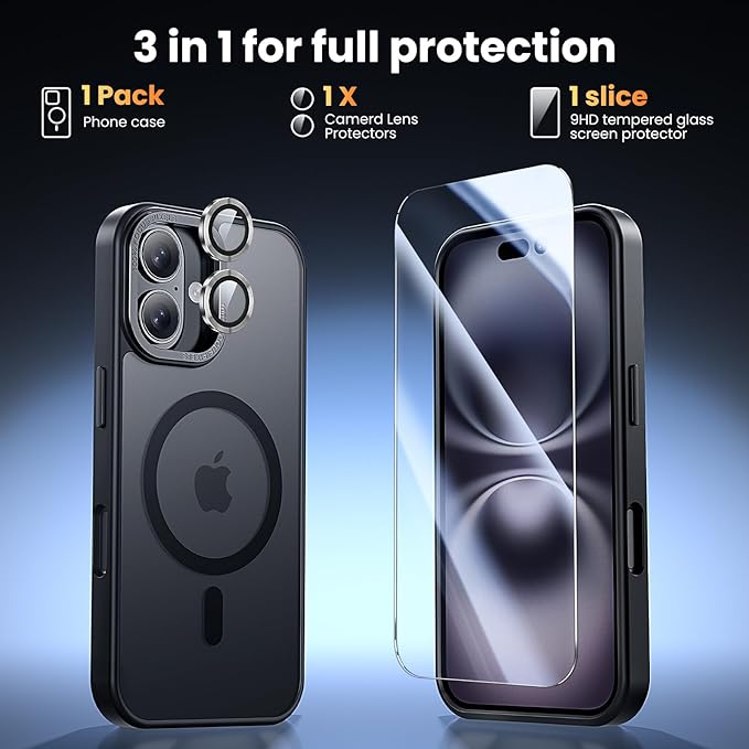 3 in 1 for iPhone 16 Plus Case Magnetic with 1X Screen Protector + 1X Camera Lens Protector [16FT Military-Grade Drop Protection] Translucent Matte Cover for iPhone 16 Plus 6.7", Black