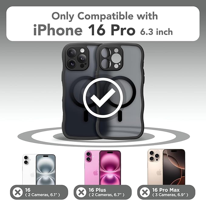 CAPRARO for iPhone 16 Pro Case for Women Girls, Upgraded [Full Camera Protection] [Compatible with MagSafe] Cute Wave Translucent Matte Phone Case for iPhone 16 Pro, Black