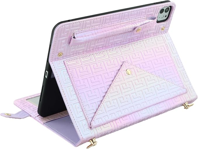 Shiny Case for iPad Pro 13" M5 M4 (2025/2024) Handbag Case, Techcircle Iridescent PU Leather Folio Envelope Pocket Stand Cover with Hand Strap+Shoulder Strap+Pencil Holder+Card Slots, Shiny Lilac