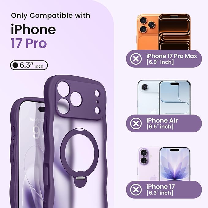 CAPRARO for iPhone 17 Pro Case with 360° Spin Magnetic Stand for Women, [Compatible with MagSafe] [Full Camera Protection] Cute Wave Translucent Matte Case for iPhone 17 Pro, Deep Purple