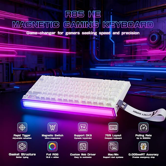 ATTACK SHARK R85 HE Wired Rapid Trigger Mechanical RGB Gaming Keyboard with Custom Lightbox,8KHz Polling Rate,0.005mm RT Accuracy,0.08MS Latency,Hall Effect,Magnetic Switch,Driver for PC-White Contour