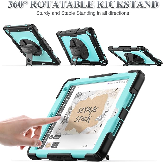 SEYMAC stock Case for iPad 6th / 5th Generation Case/Air 2 / Pro 9.7 inch, Heavy Duty Protective with Screen Protector, with Pencil Holder, Hand Strap, Shoulder Strap, 360 Rotate Stand, SkyBlue+Black